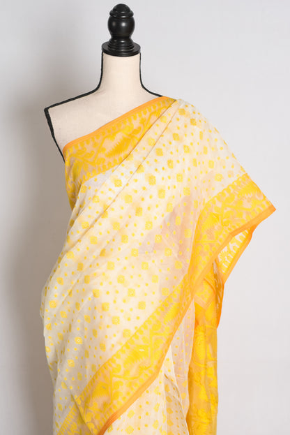 Off White and Yellow Jamdani saree — drape view