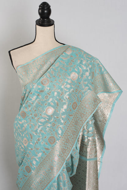 Laila: Sky Blue and Gold Jamdani Banarasi Saree | Bengali-Varanasi Fusion image 6