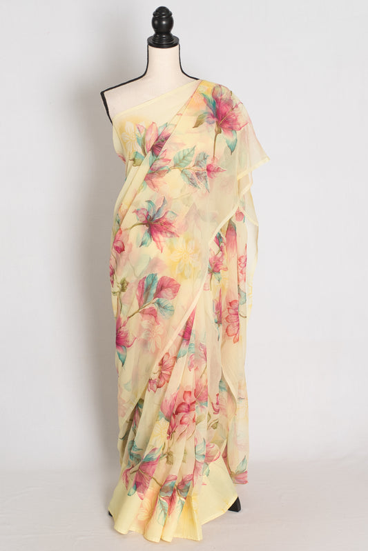 Sia : Light Yellow Floral Printed Chiffon Saree - Budget-Friendly Summer Drape image 0
