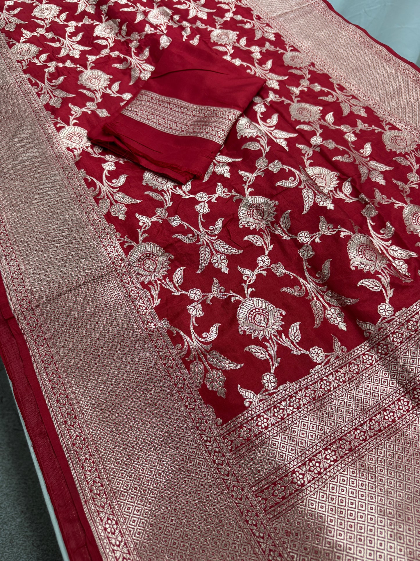 Rukhmani : Silk Mark Certified Bridal Jaal Banarasi Katan Silk Saree in True Red image 2