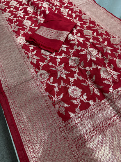 Rukhmani : Silk Mark Certified Bridal Jaal Banarasi Katan Silk Saree in True Red image 2
