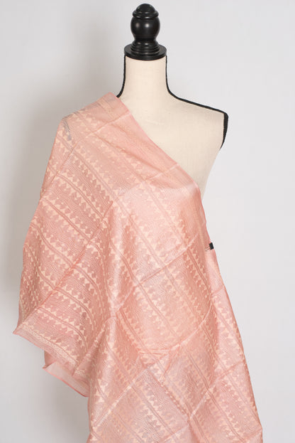 Benu : Tussar Silk Stole with Kantha Stitch – Pastel Peach Hand Embroidery image 0