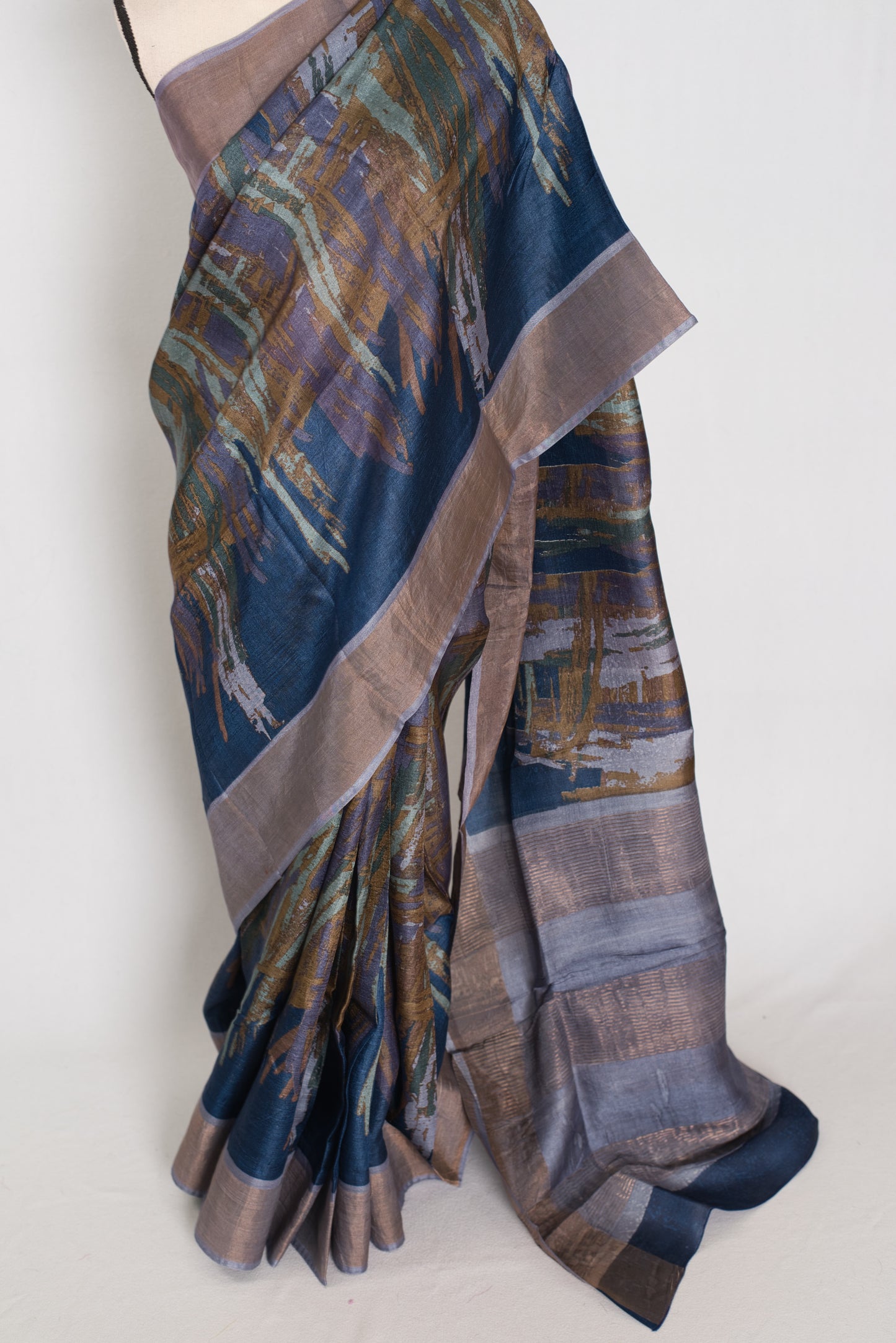 Mukta | Blue & Grey Pure Tussar Silk Saree | Contemporary Graphic Prints image 6