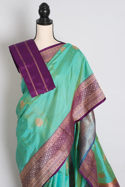 Sea Green and Royal Purple Banarasi saree — drape view