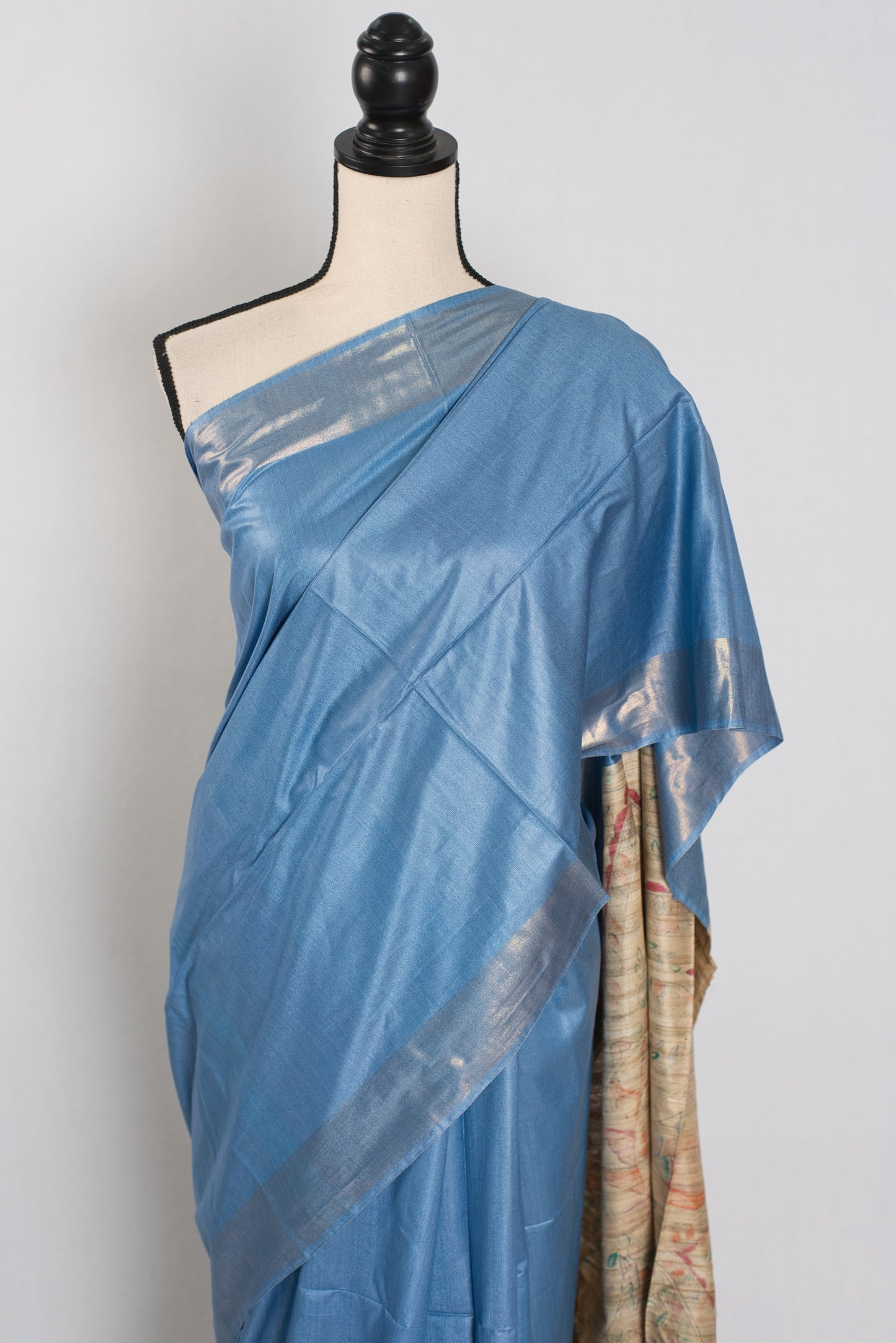 Shobha: Contemporary Blue StapleTussar Silk Saree | Hand-Painted Madhubani Pallu image 6