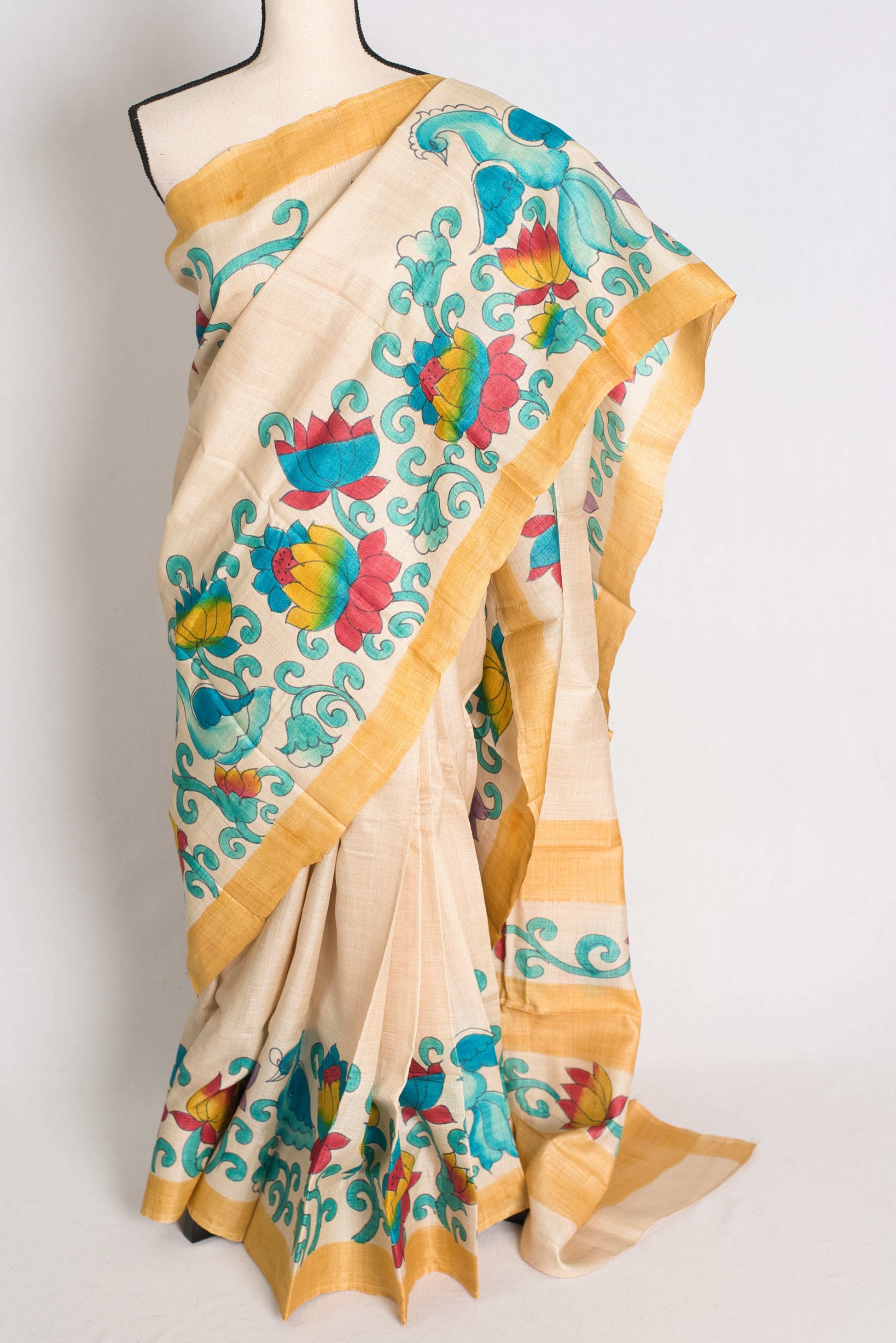 Mala : Hand Painted Kalamkari Tussar Silk Saree in Cream and Yellow image 0