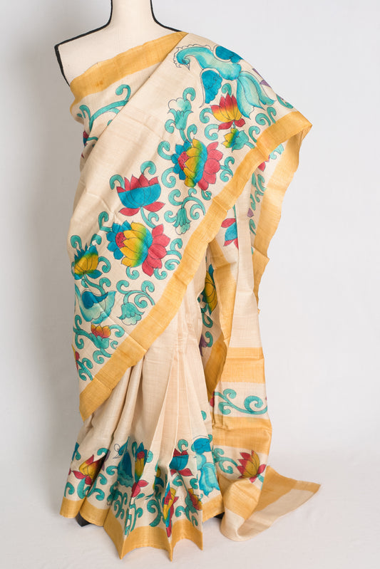 Mala : Hand Painted Kalamkari Tussar Silk Saree in Cream and Yellow image 0