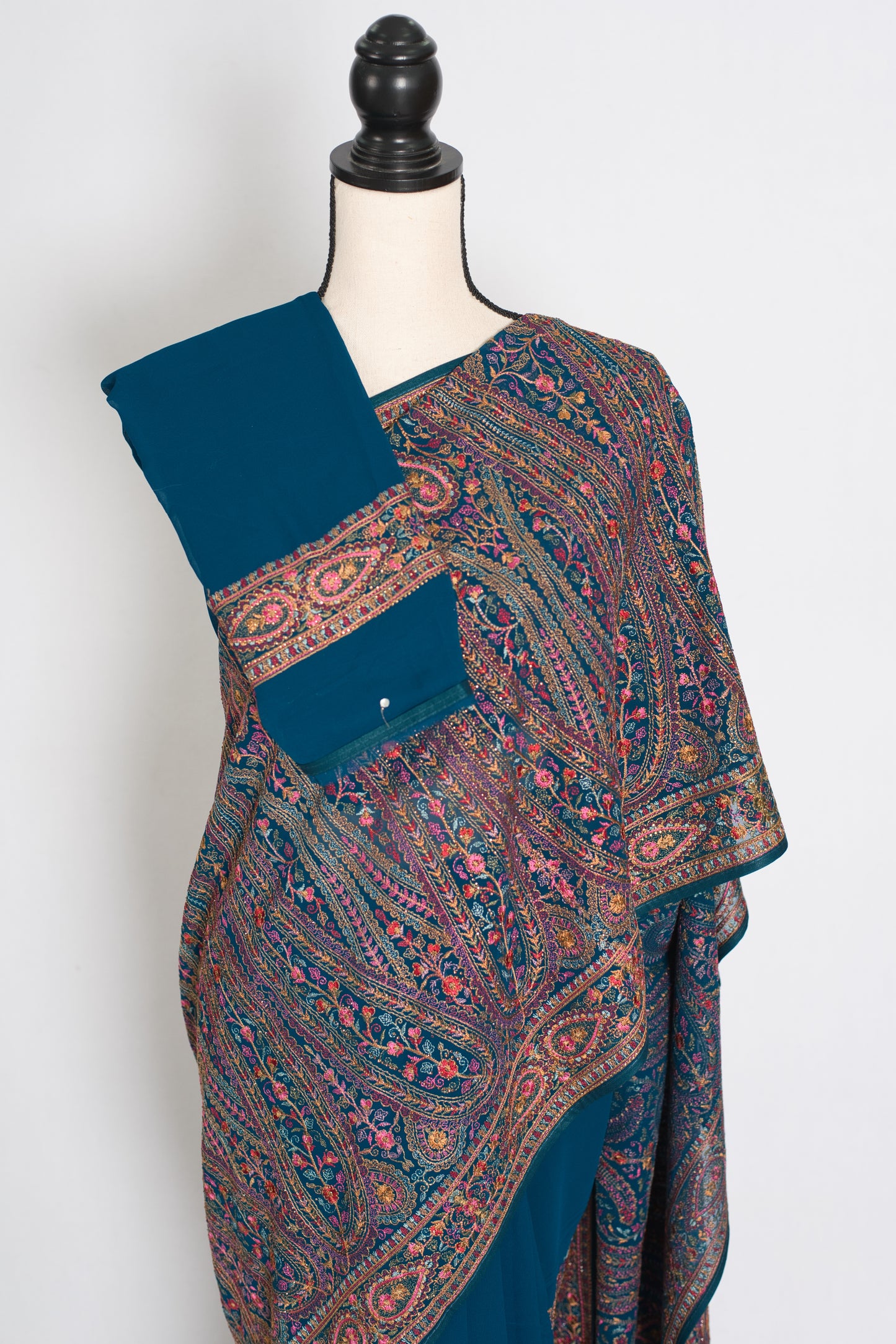 Mira | Cobalt Blue Georgette Saree | All-Over Multicolor Kashmiri Embroidery image 2