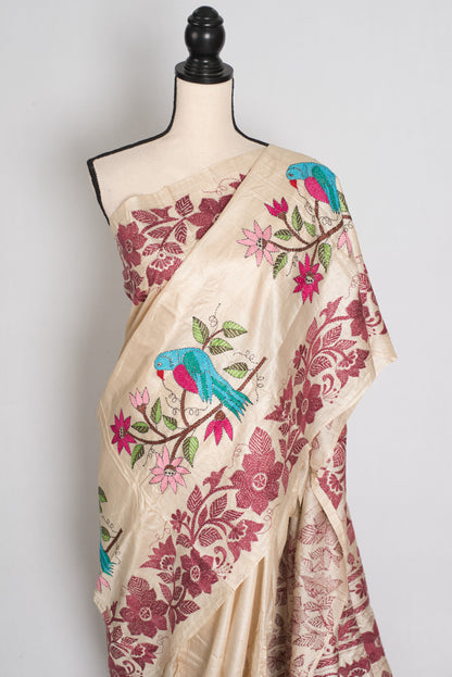Pritha : Beige and Maroon Hand Embroidered Kantha Stitch Pure Gachi Tussar Saree image 5