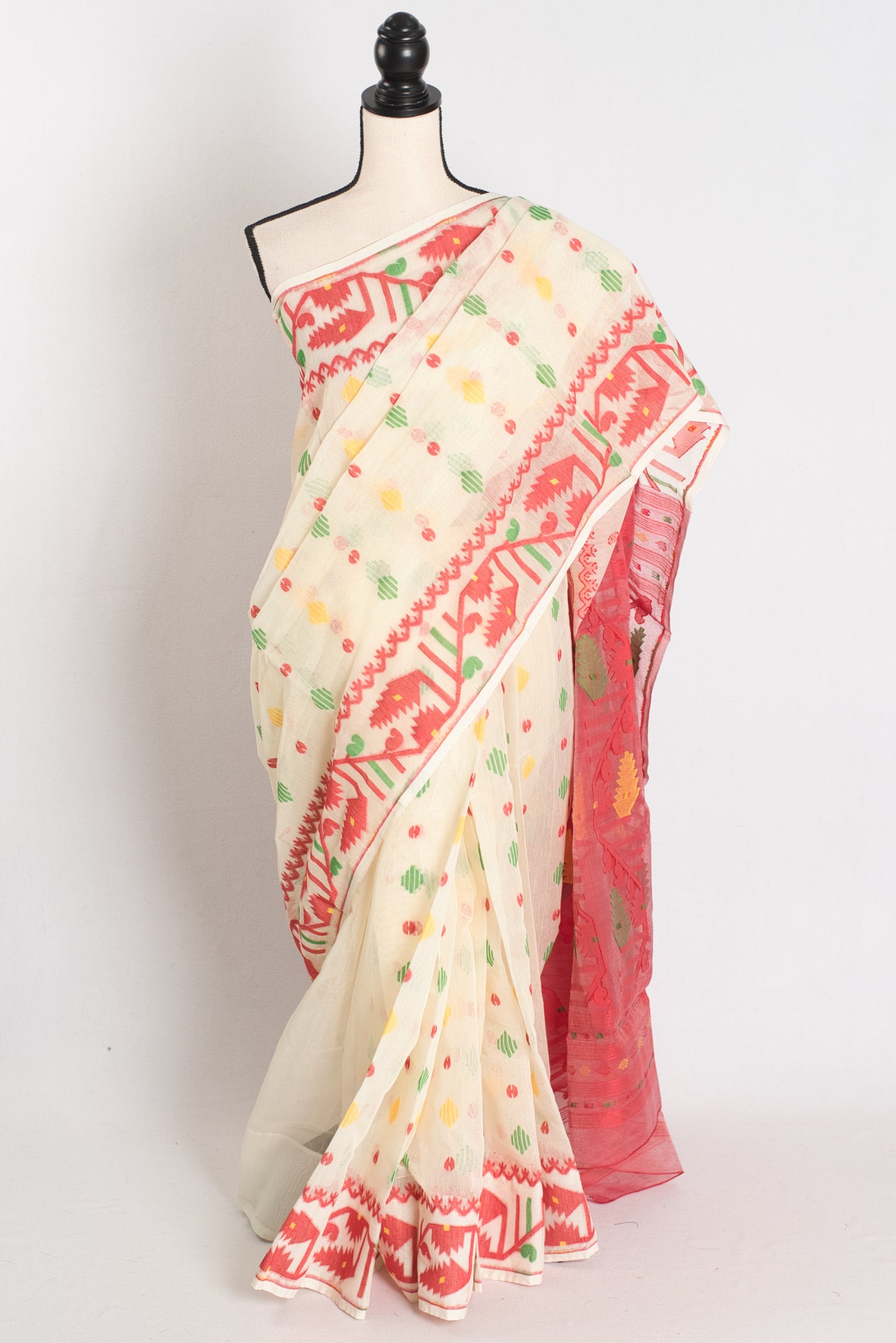 Siri : Cream and Red Blended Soft Cotton Jamdani Bengali Saree image 0