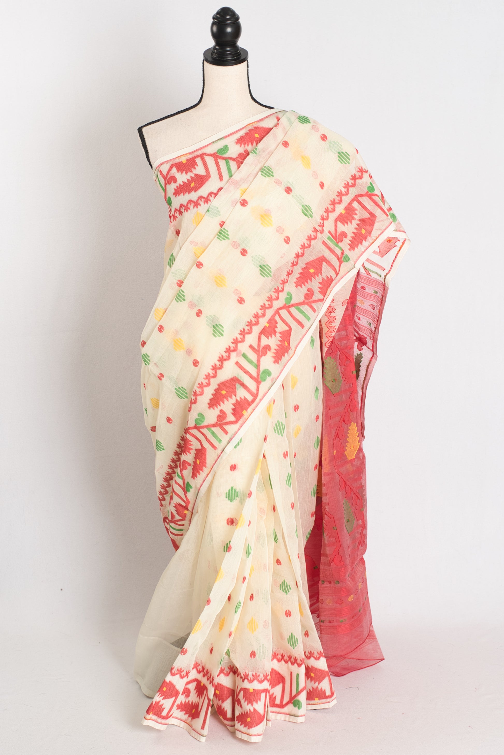 Siri : Cream and Red Blended Soft Cotton Jamdani Bengali Saree image 0