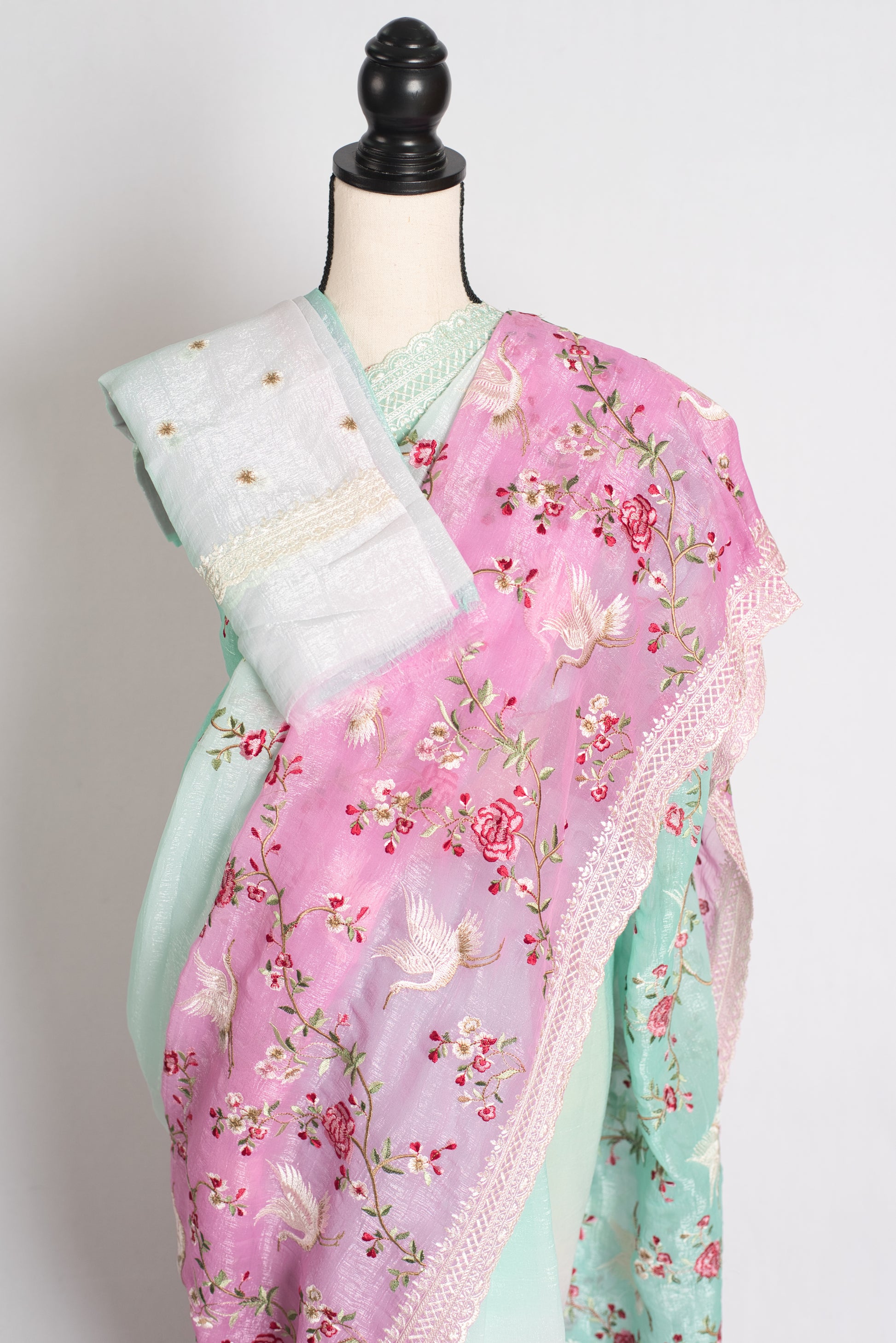 Farah : Sea Green and Pink Parsi Embroidery Designer Tissue Saree image 2
