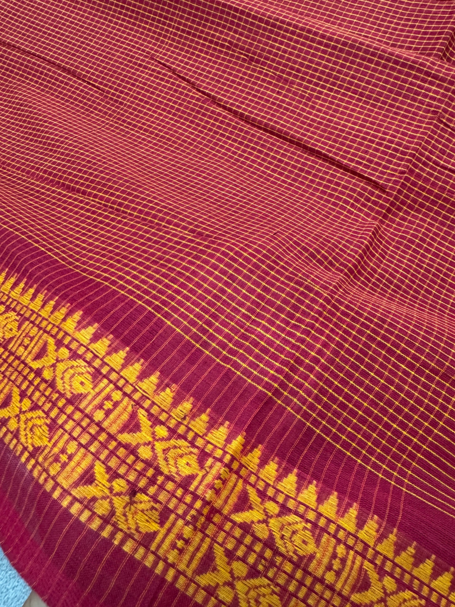Mahua : Red and Yellow Soft Cotton Dhaniakhali Saree image 2