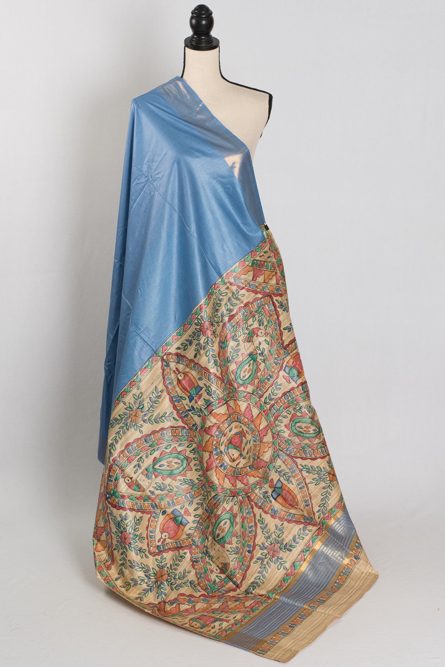 Shobha: Contemporary Blue StapleTussar Silk Saree | Hand-Painted Madhubani Pallu image 1