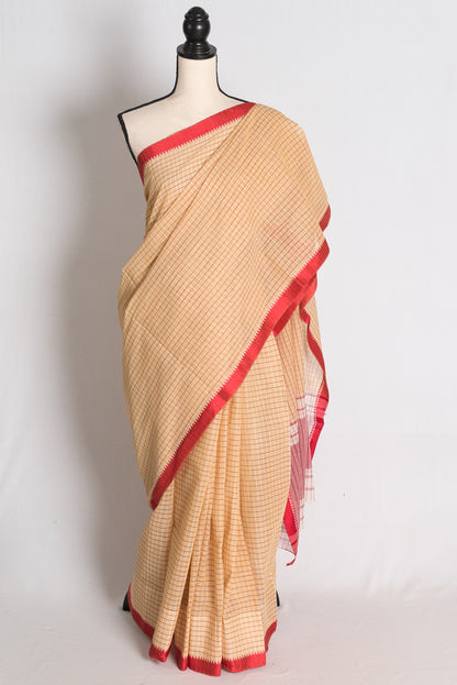 Manasi: Brown and Red Dhaniakhali Soft Cotton Saree with Satin Border image 0