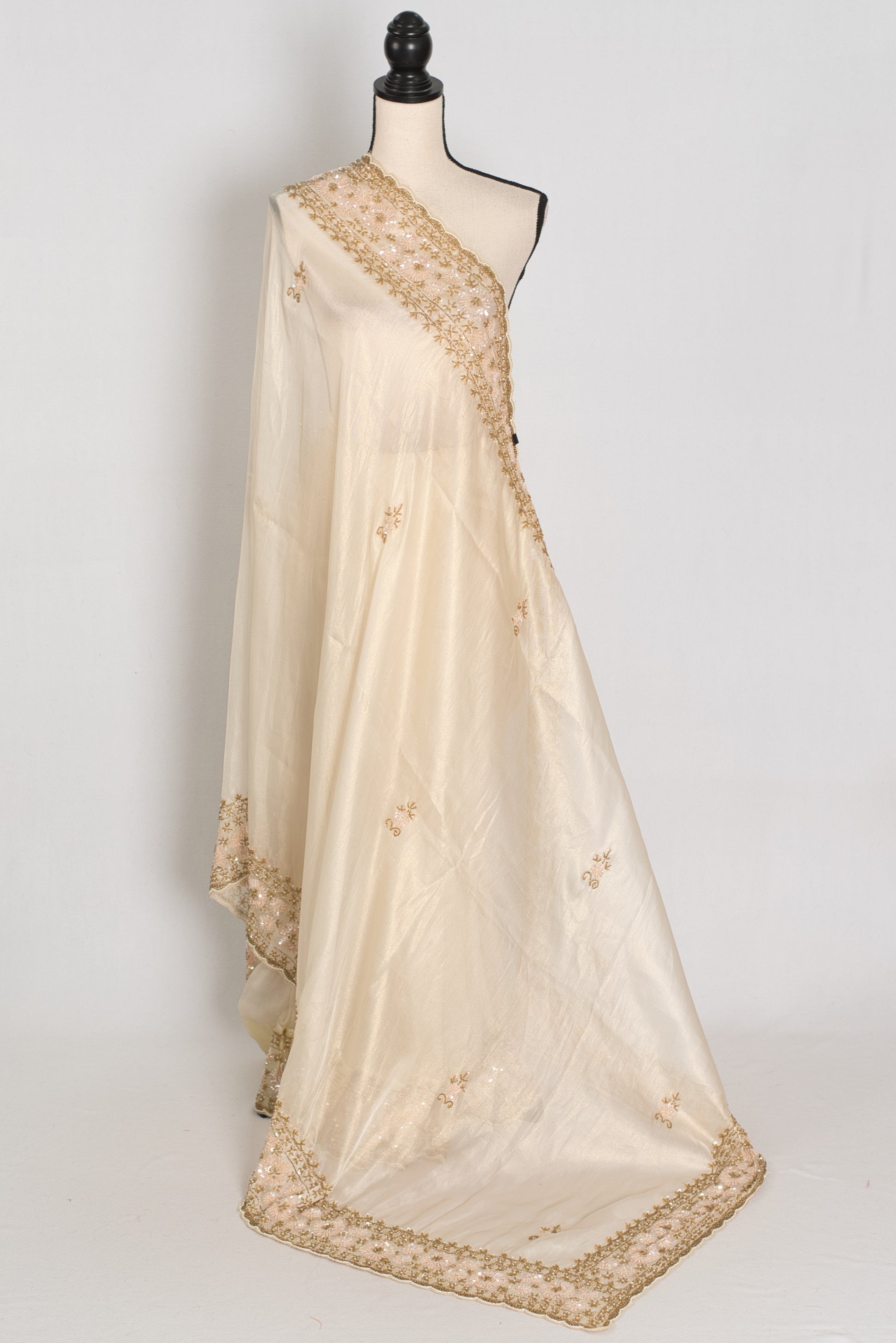 Shruti | Cream & Gold Soft Tissue Embroidered Wedding Saree | Pastel Collection image 1