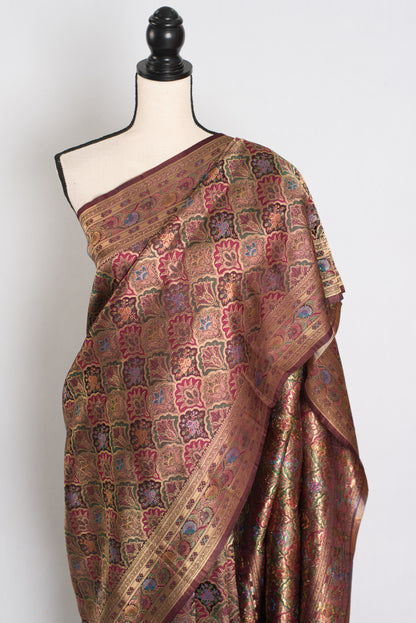 Nargis : Brown and Gold Semi Mashru Silk Pashmina Banarasi Saree image 6