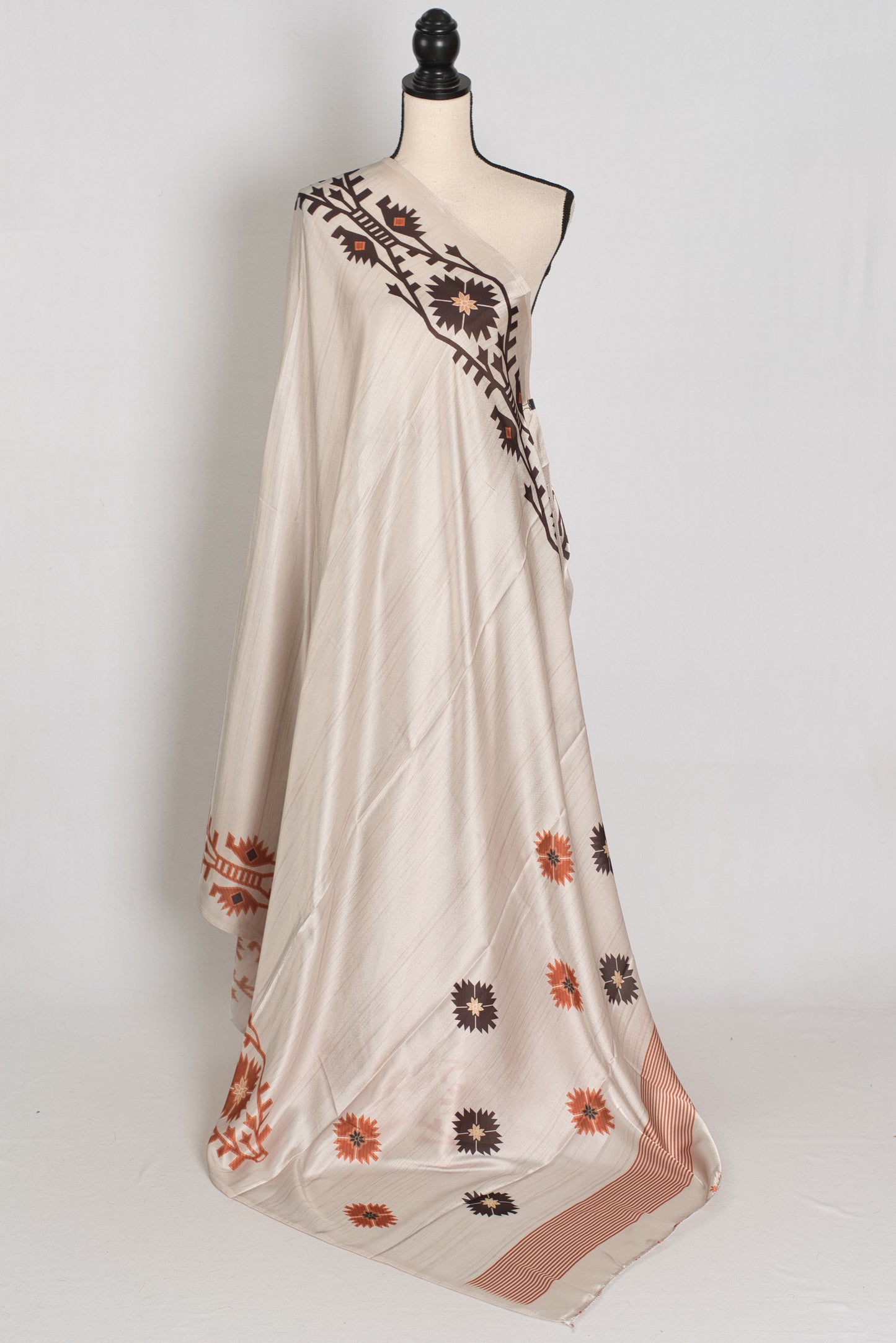 Rita | Cement White Soft Satin Saree with Traditional Kolka Prints image 1