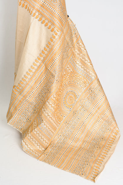 Suchitra : Hand Embroidery Tussar Silk Kantha Stitch Saree in Beige and Yellow image 4