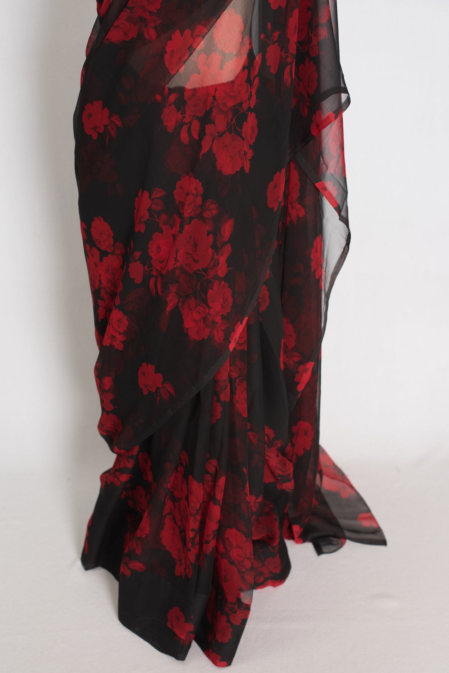 Mita : Black and Red Rose Printed Chiffon Saree - Budget Clearance Edition image 5