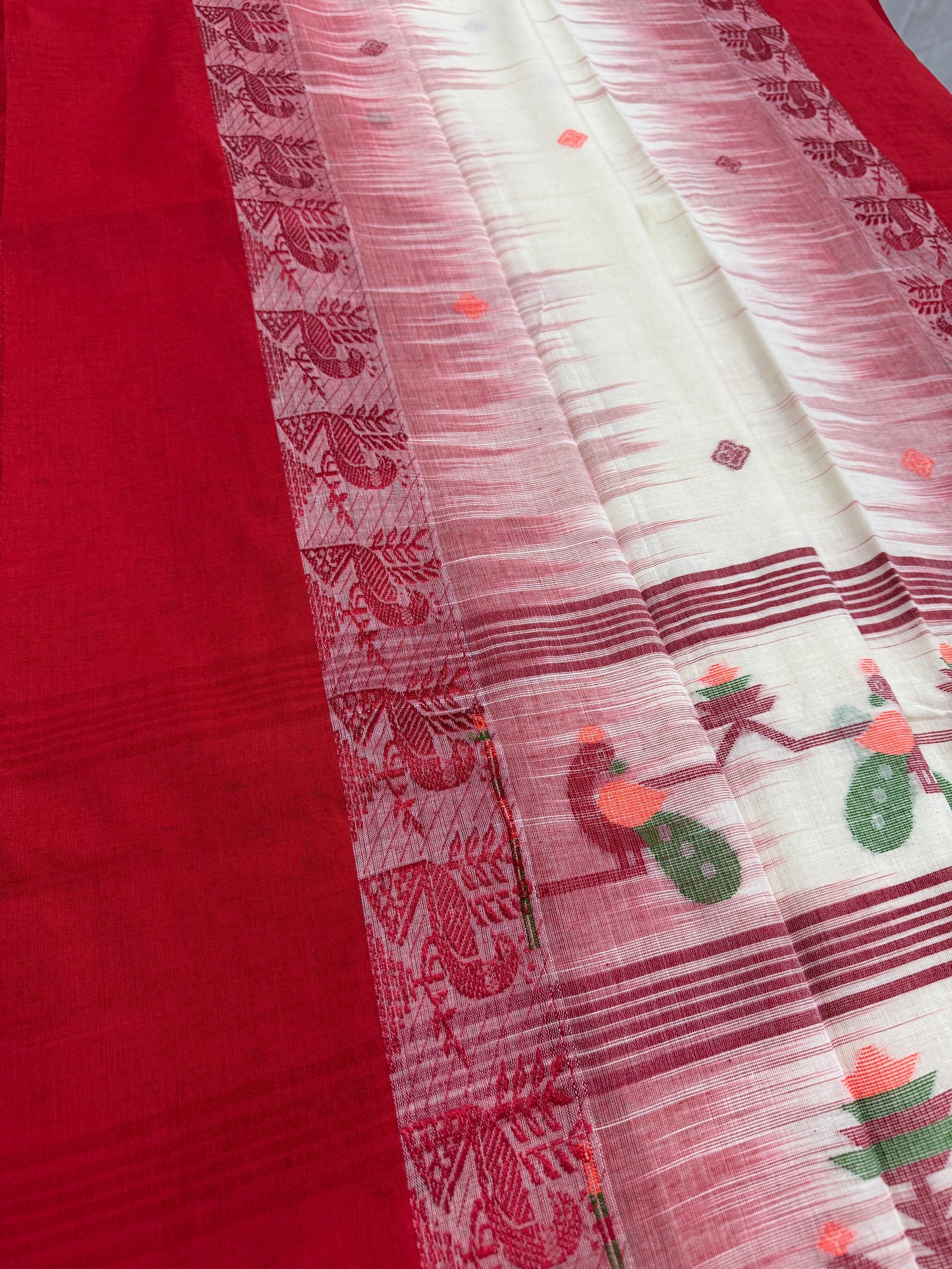 Devi : Off White and Red Soft Cotton Bengal Handloom Saree image 0
