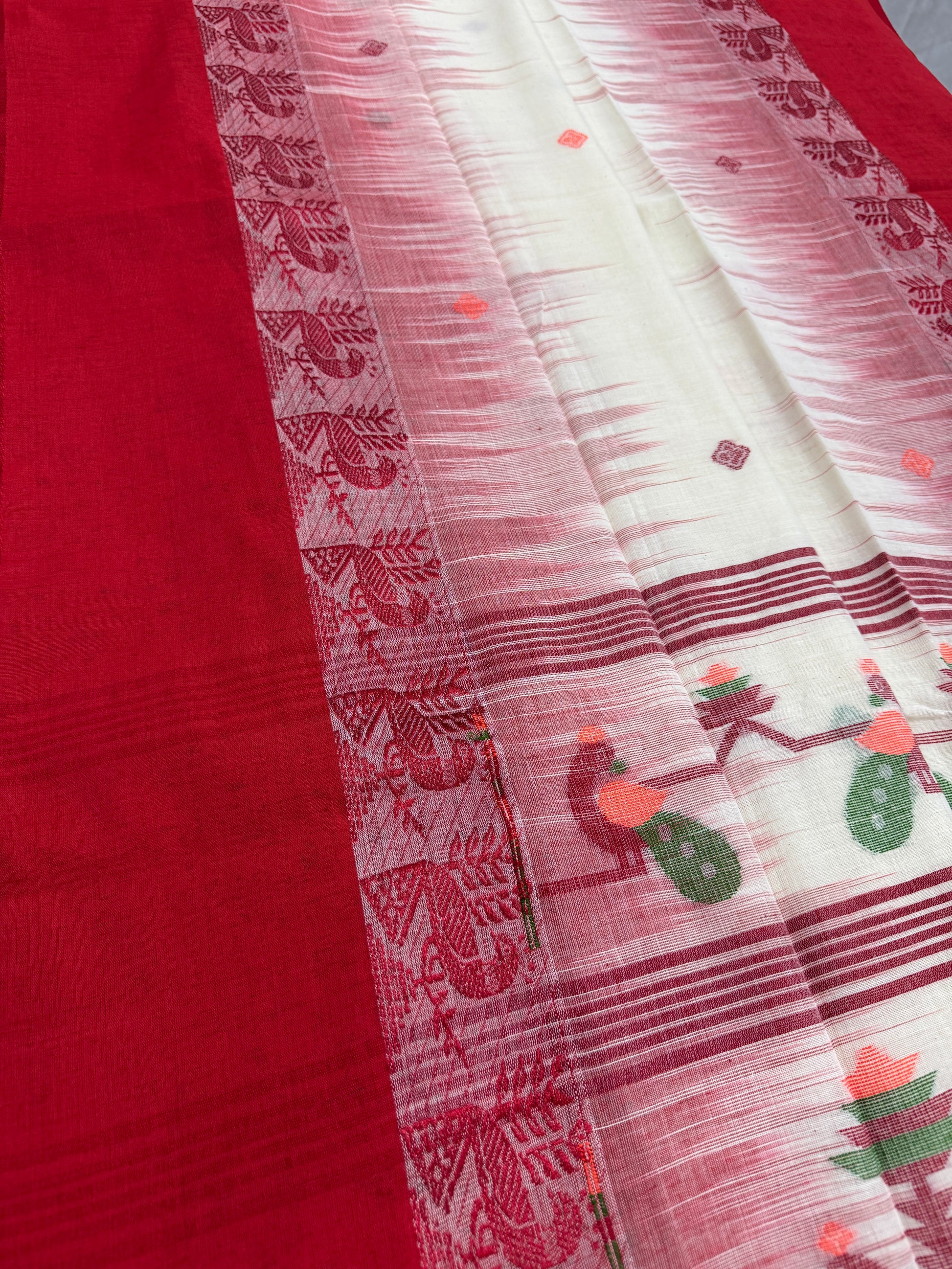 Devi : Off White and Red Soft Cotton Bengal Handloom Saree image 0