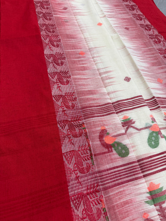 Devi : Off White and Red Soft Cotton Bengal Handloom Saree image 0