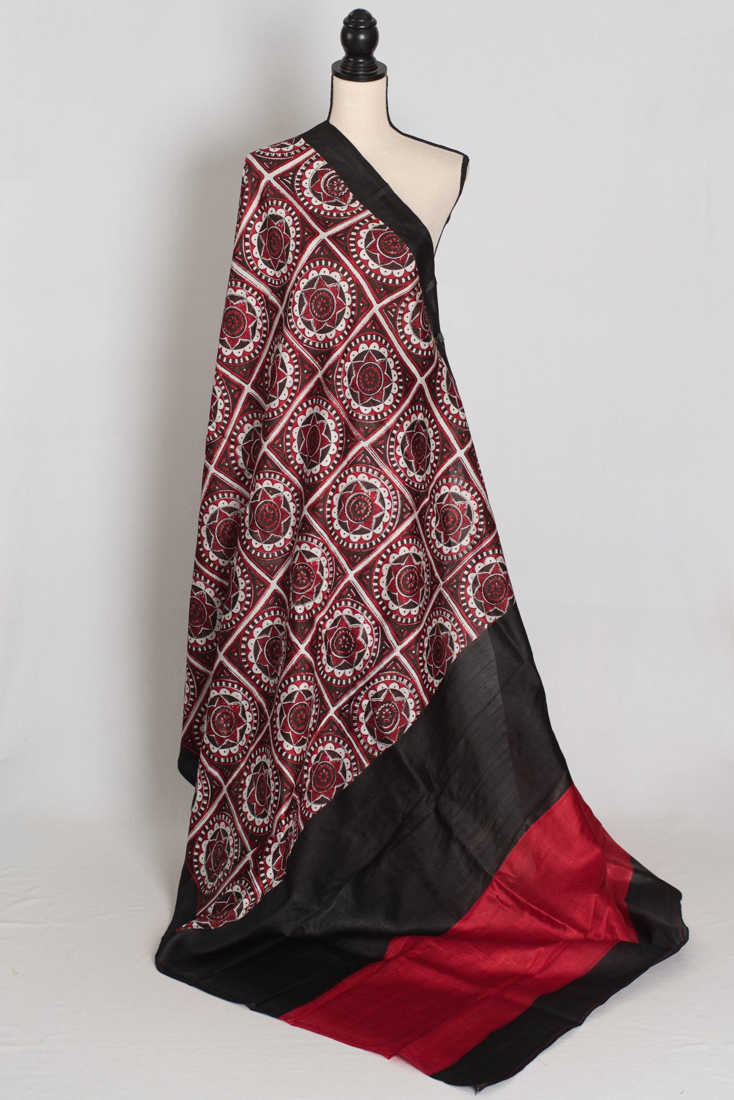 Dhriti : Black and Red Contemporary Hand Block Printed Murshidabad Silk Saree image 1