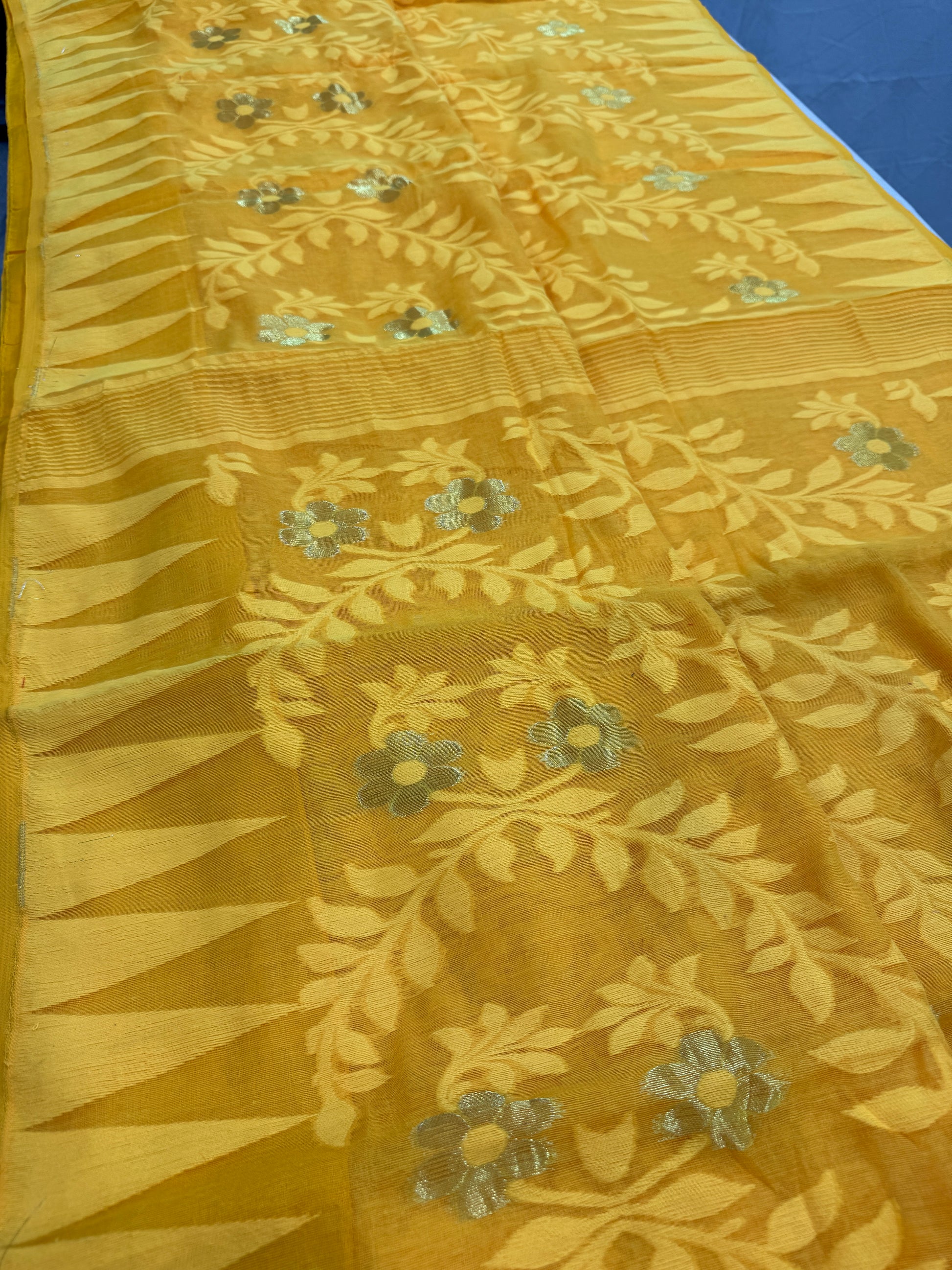 Jaya : Bright Yellow and Gold Blended Soft Cotton Jamdani Saree image 1