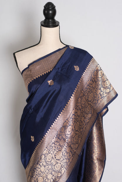 Krishna: Midnight Blue and Gold Mango Silk Banarasi Saree with Wide Border image 3