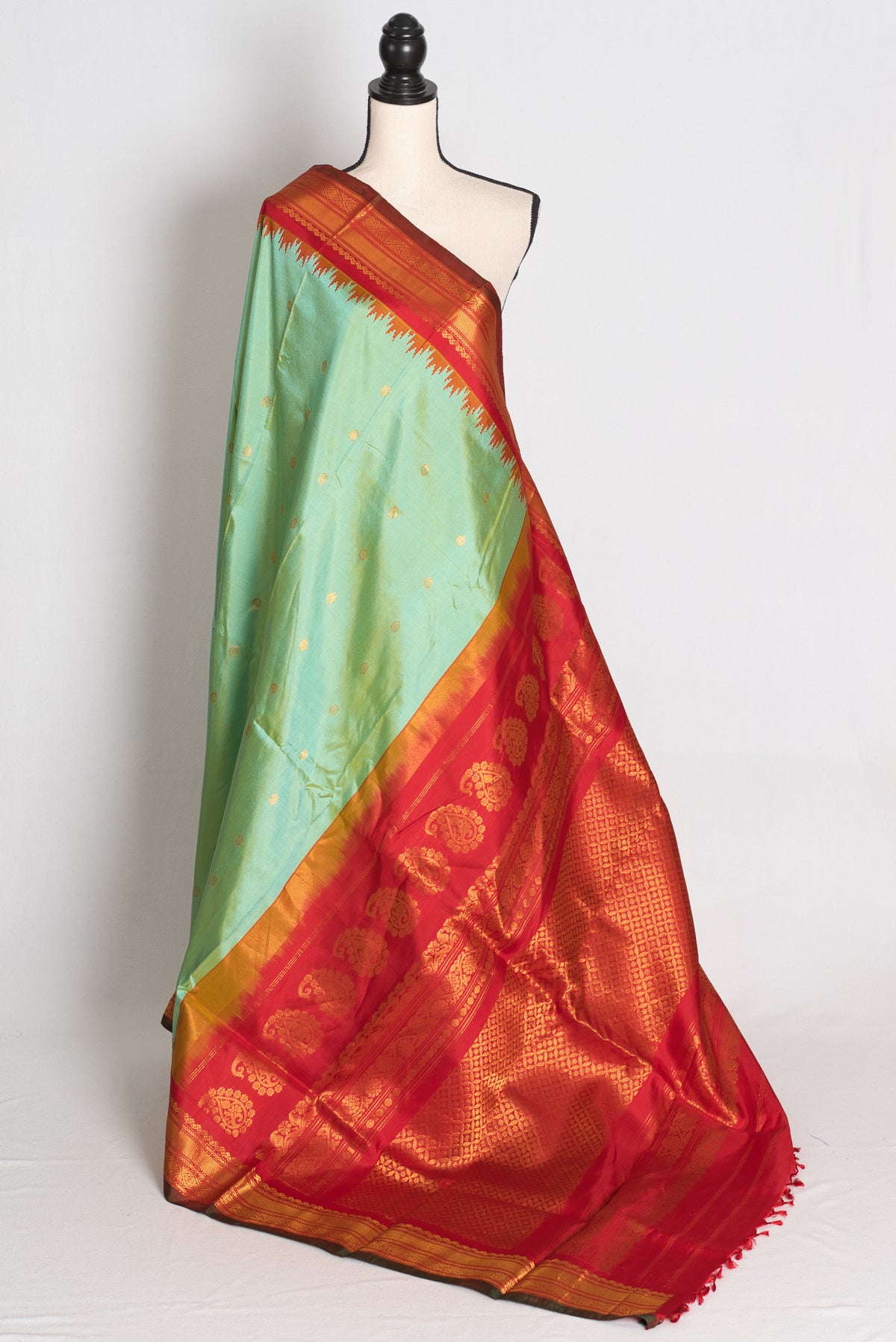 Girija : Sea Green and Red Handwoven Pure Gadwal Silk Saree image 1