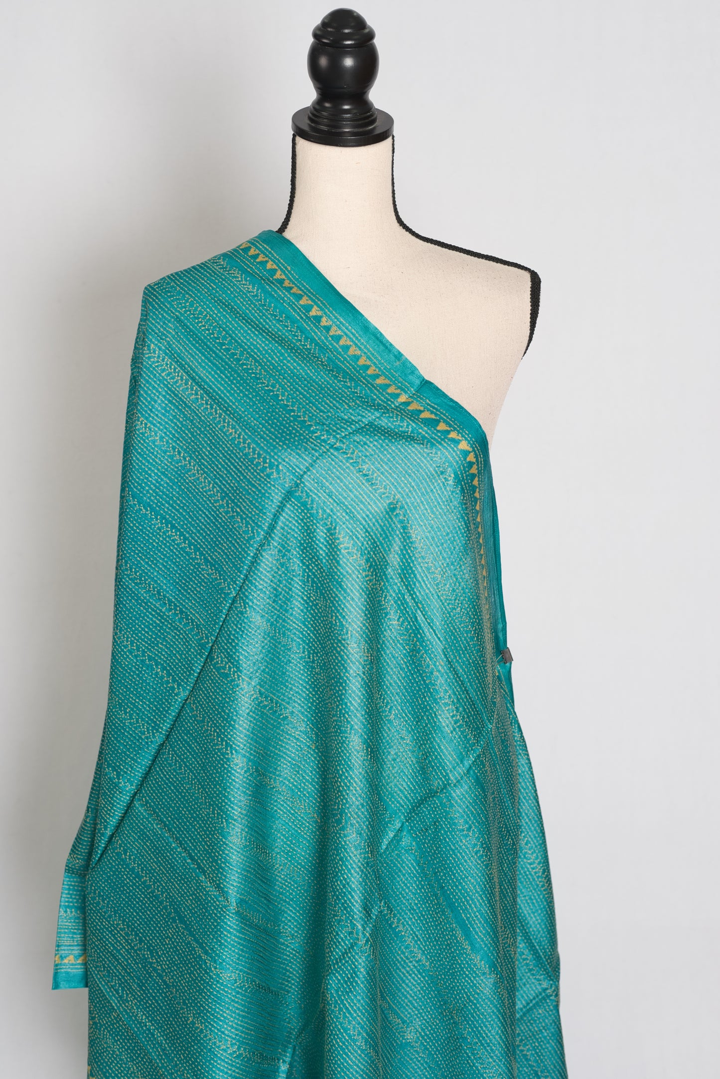 Hand Embroidered Turquoise Blue & Mustard Gold Desi Tussar Silk Kantha Dupatta image 1