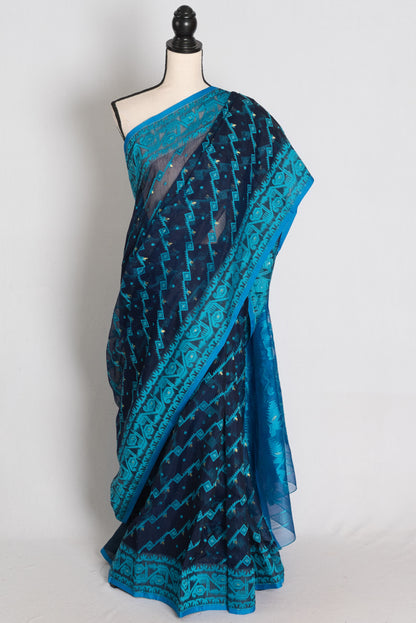Neelam : Navy Blue and Turquoise Soft Blended Cotton Jamdani Saree image 0