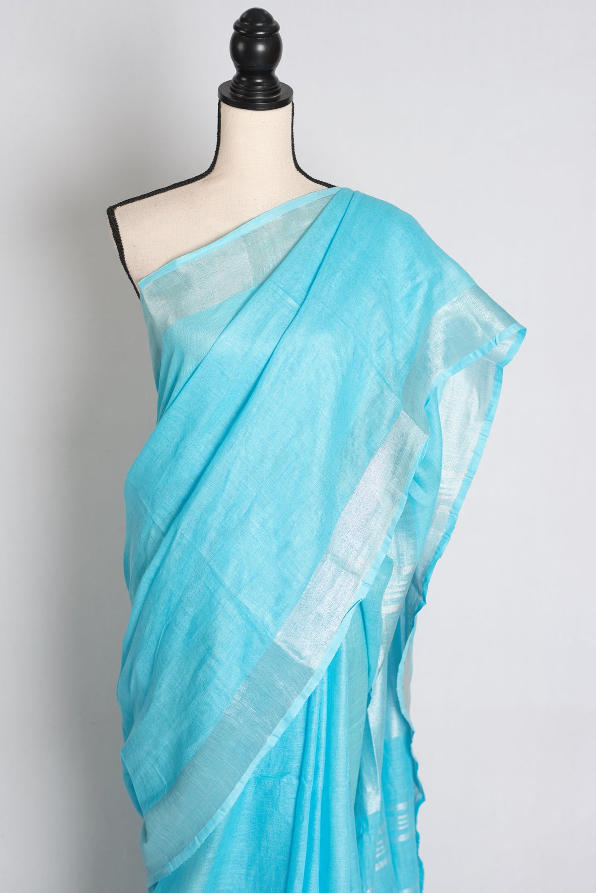 Arusi : Sky Blue Pure Linen Saree with Silver Zari Border image 5
