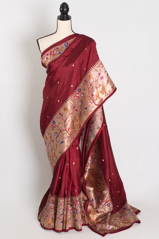 Bristi : Semi Tussar Silk Paithani Embroidered Maroon Designer Saree image 0