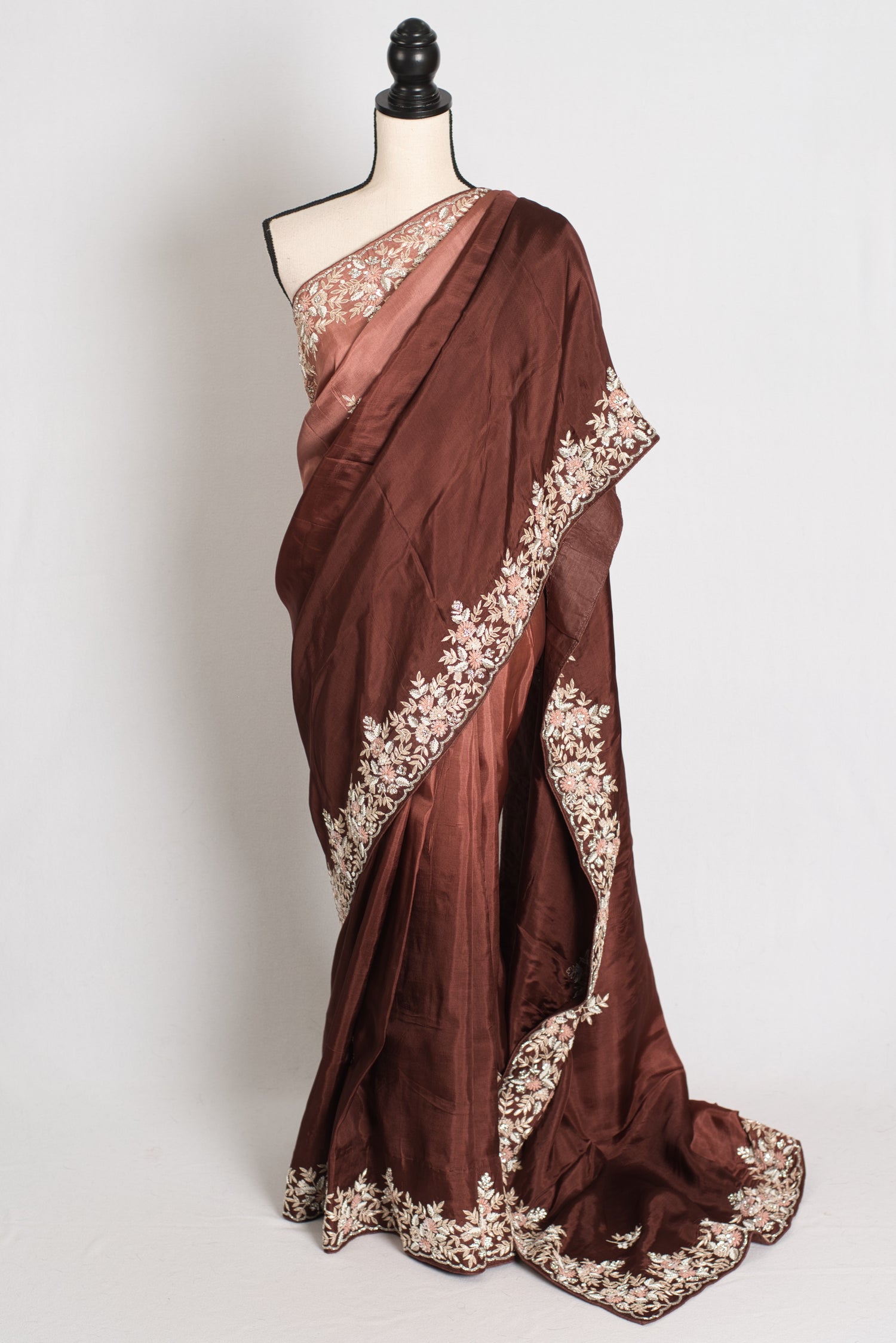 Arifa : Hand Embroidered Zardozi Crepe Silk Party Wear Saree in Shades of Brown image 0