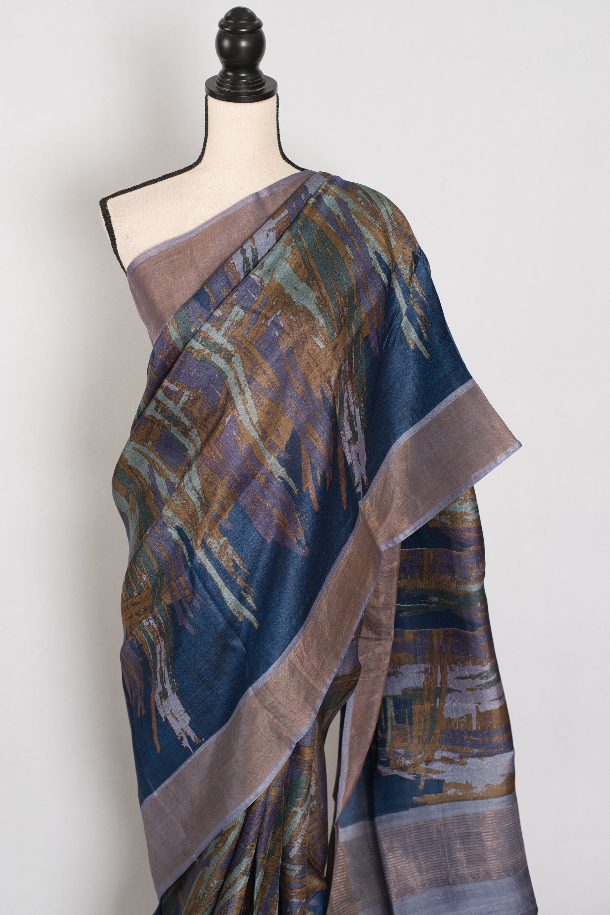 Mukta | Blue & Grey Pure Tussar Silk Saree | Contemporary Graphic Prints image 5