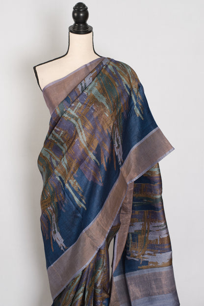 Mukta | Blue & Grey Pure Tussar Silk Saree | Contemporary Graphic Prints image 5