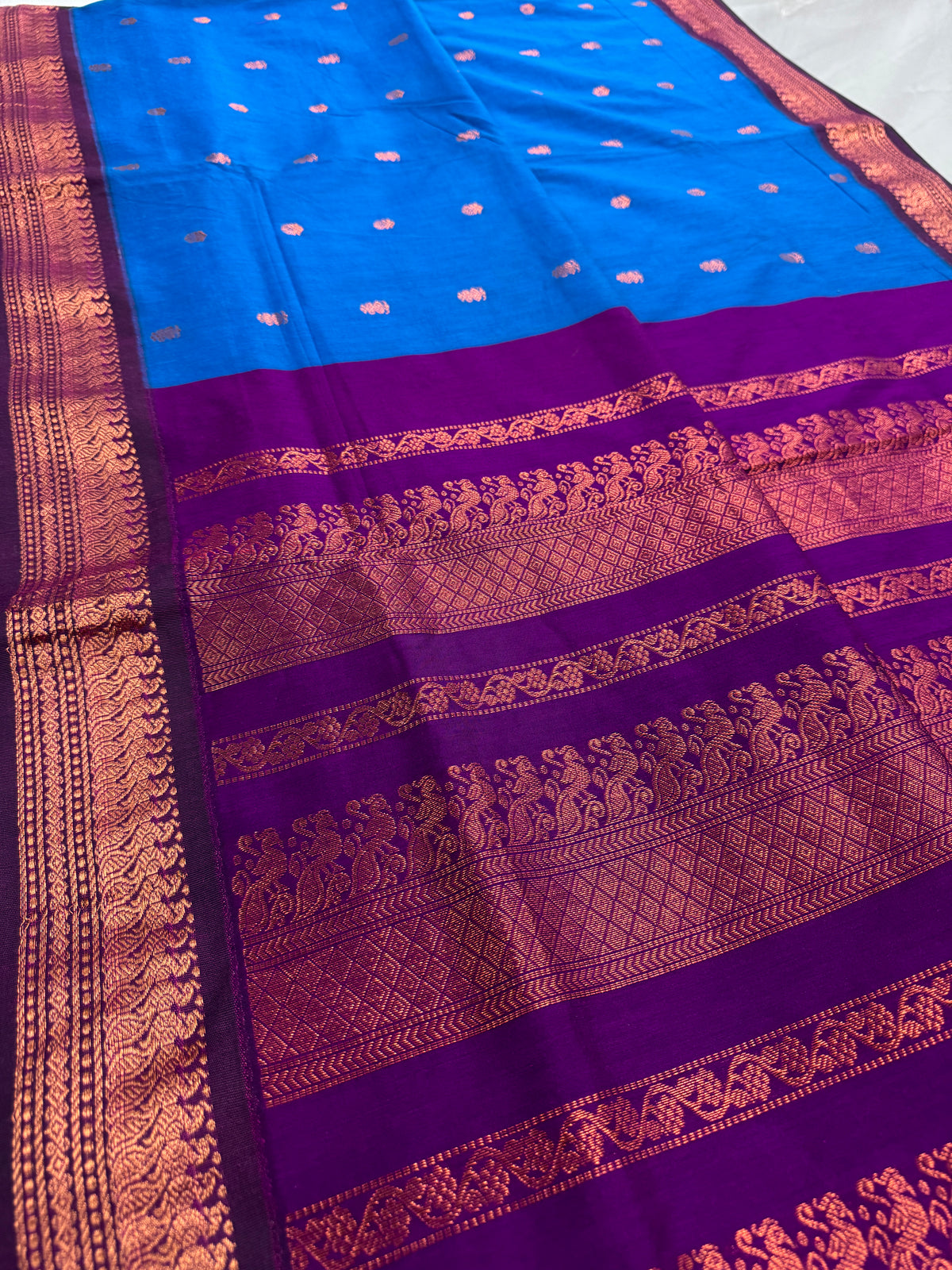 Ankhi: Bright Blue and Purple Blended Cotton Gadwal Saree image 4