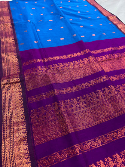 Ankhi: Bright Blue and Purple Blended Cotton Gadwal Saree image 4