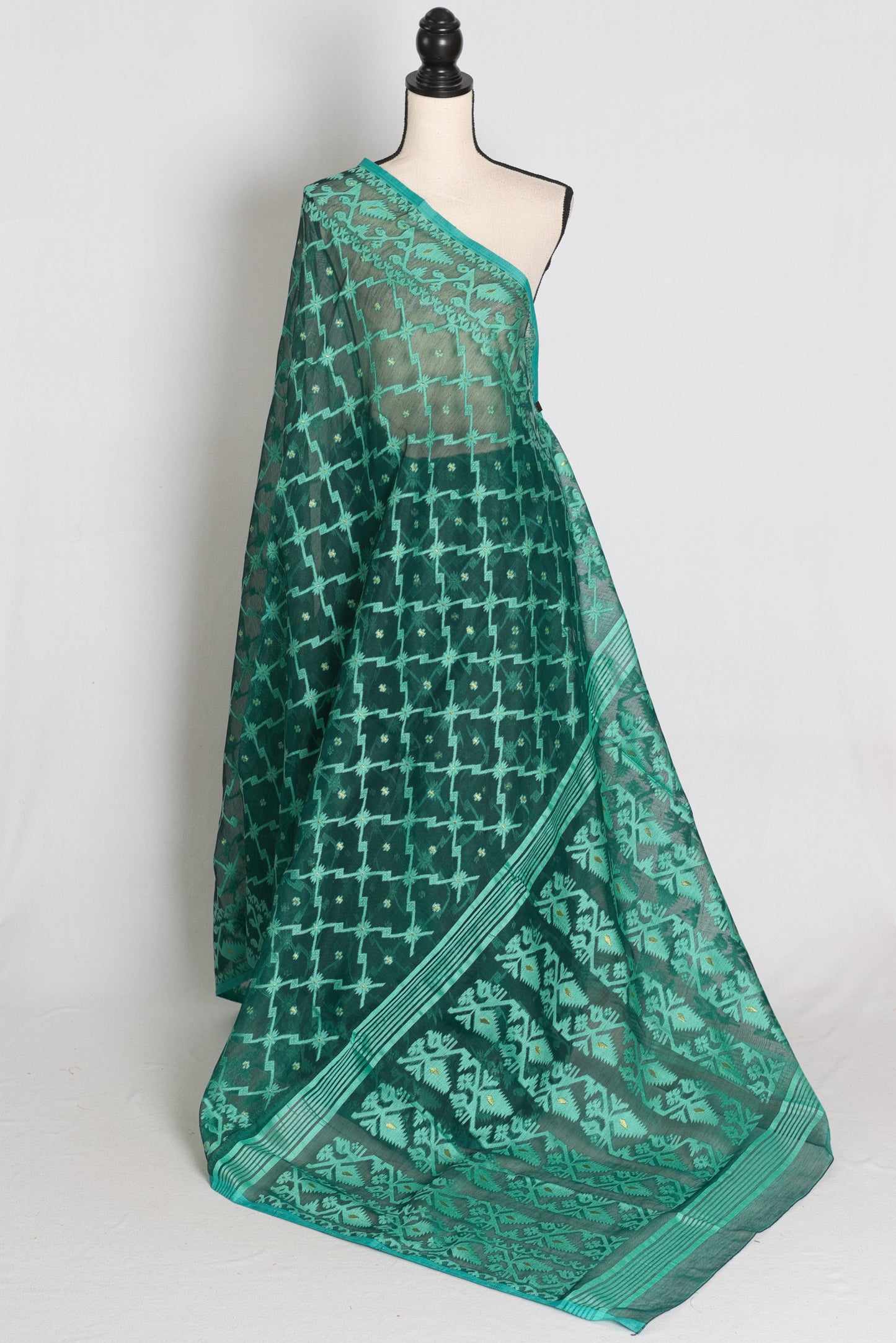 Siya : Emerald Green Soft Blended Cotton Jamdani Saree image 1