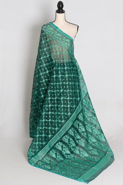 Siya : Emerald Green Soft Blended Cotton Jamdani Saree image 1