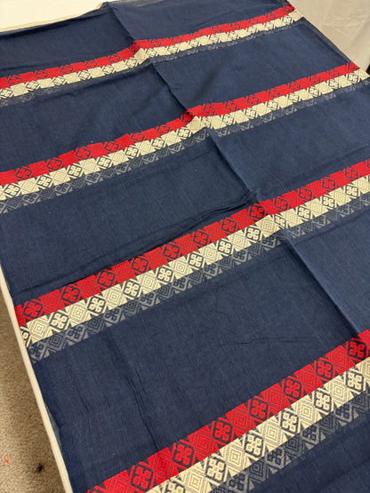 Neela : Blue and Red Horizontal Stripe Dhaniakhali Bengali Soft Cotton Saree image 2
