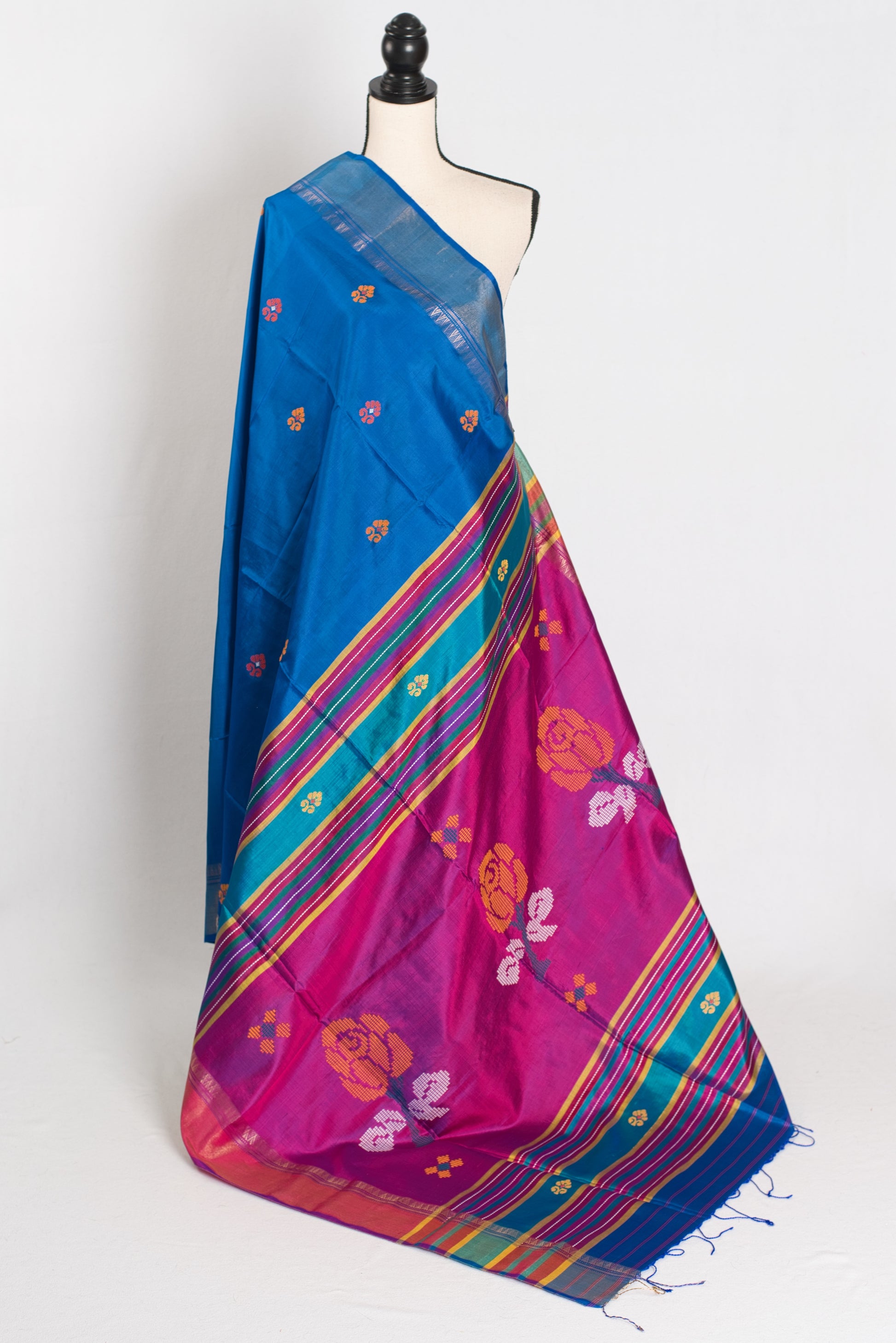Rashmi : Lightweight Bishnupur Katan Silk Saree in Peacock Blue and Purple image 1