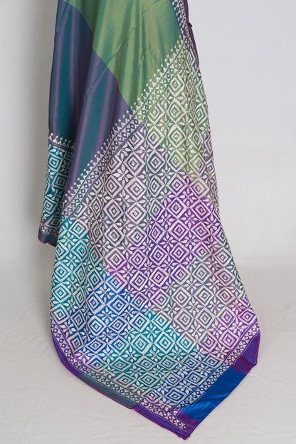 Kavitha : Tri-Color Hand Embroidered Kantha Stitch Bishnupur Blended Silk Saree image 2