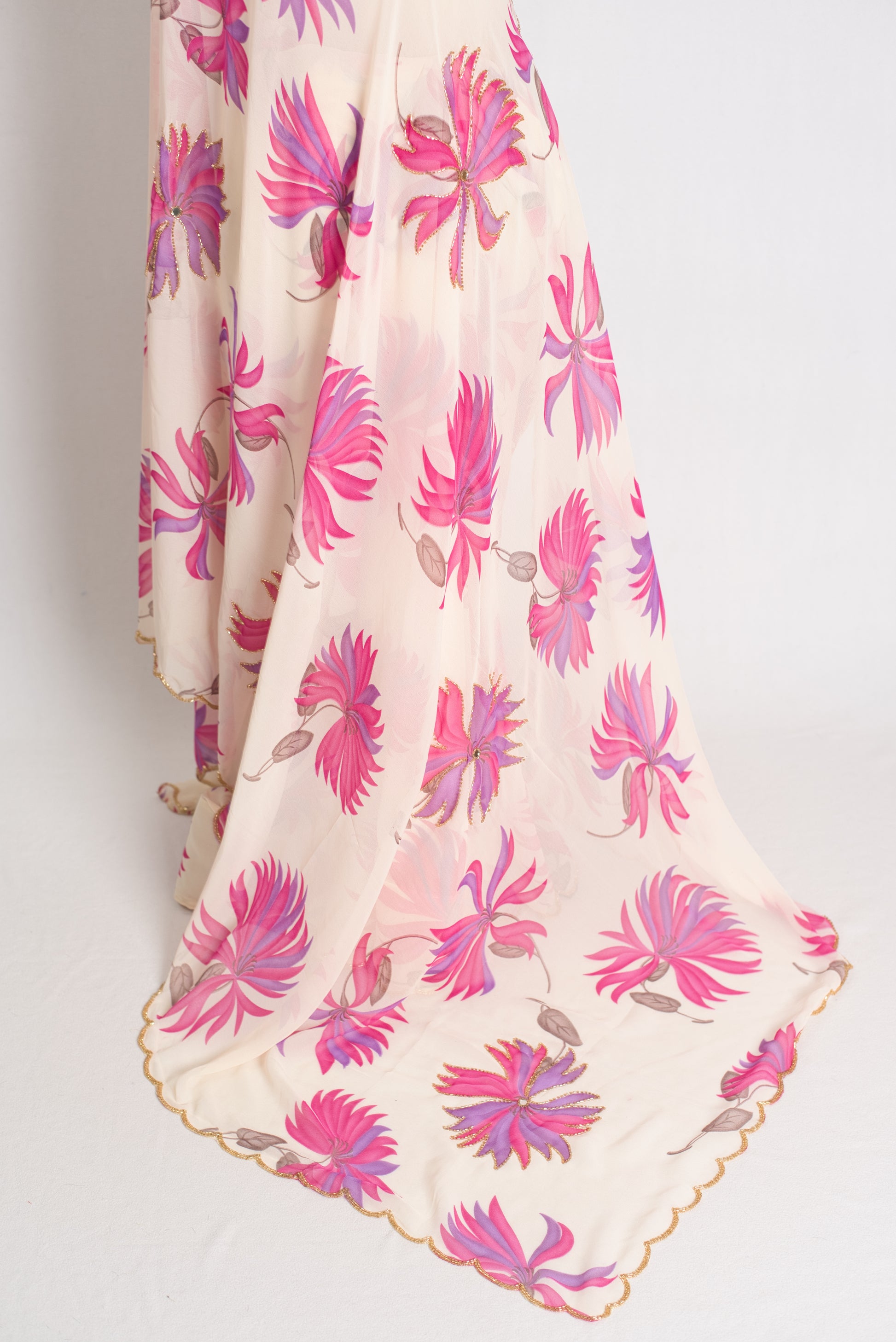 Indira : Off White and Pink Floral Georgette Hand Embroidered Designer Saree image 3