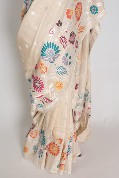 Afrin : Beige Tussar Georgette Banarasi Saree with Paithani Minakari Border image 5