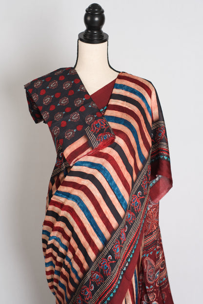 Soraya : Maroon Modal Silk Ajrakh Saree with Multi-Color Vertical Stripes image 2