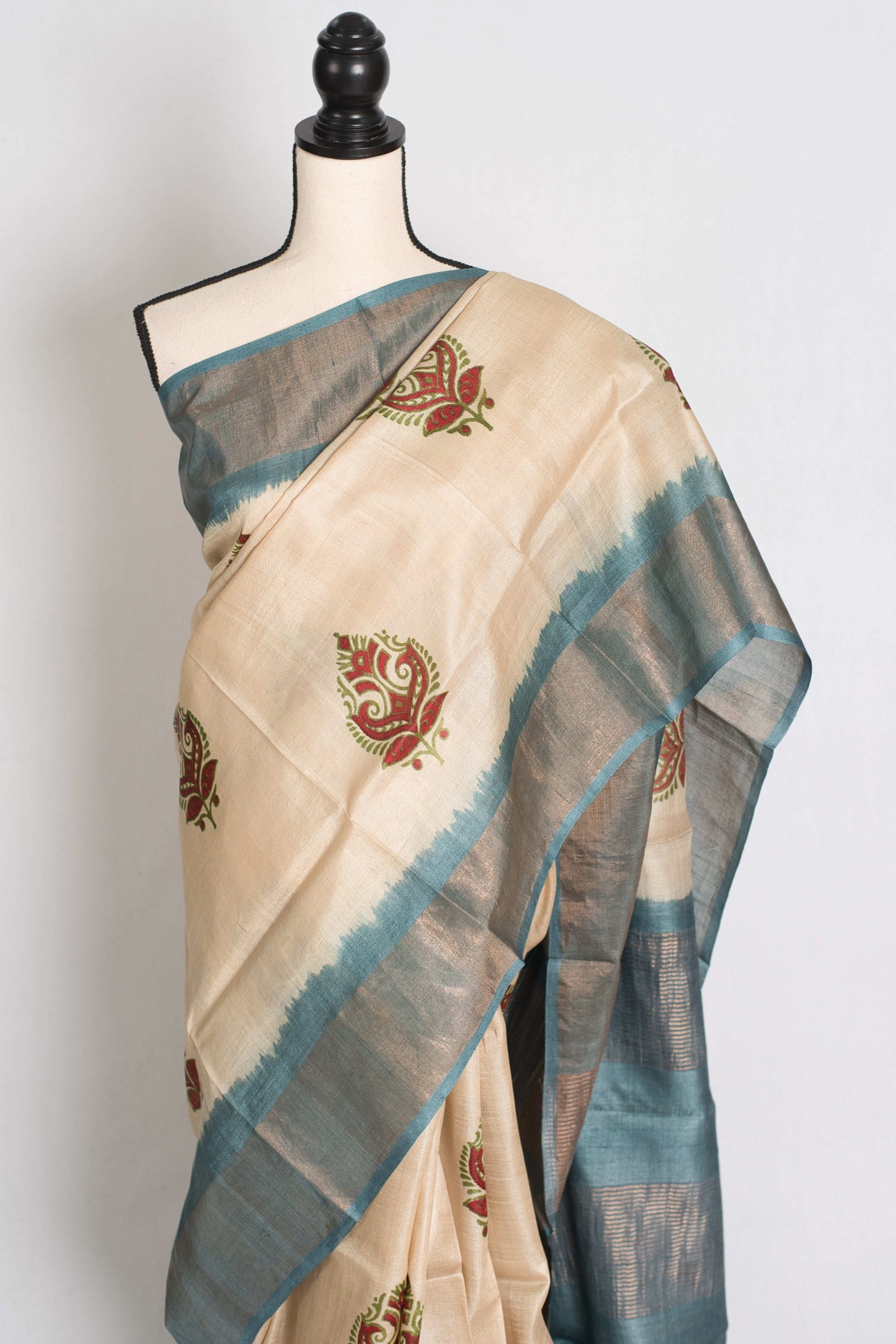 Bristy: Hand Block Printed Tussar Silk Saree in Cream and Grey image 6