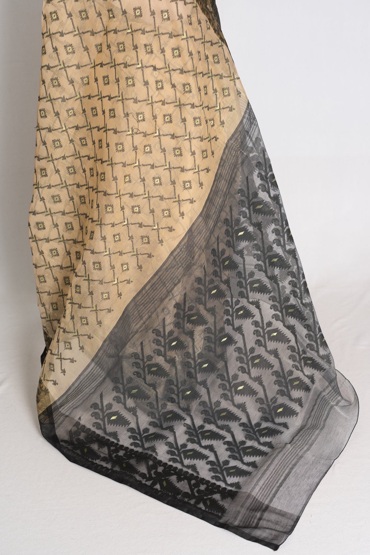 Beige and Black Jamdani saree — drape view